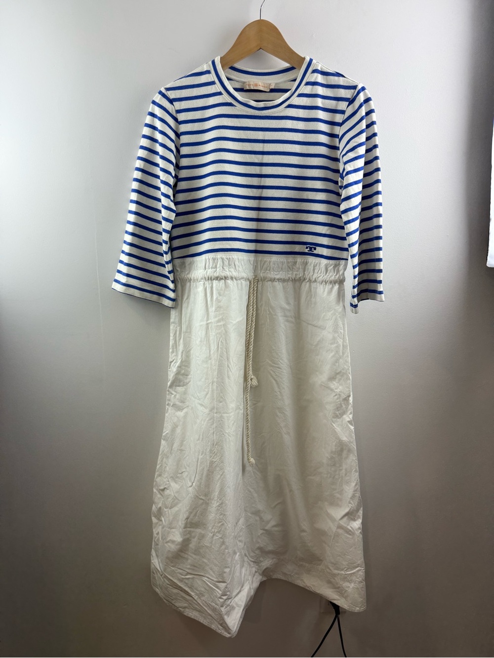 Tory Burch Striped Mixed Media Drawstring Cotton Midi Dress Blue White Size S